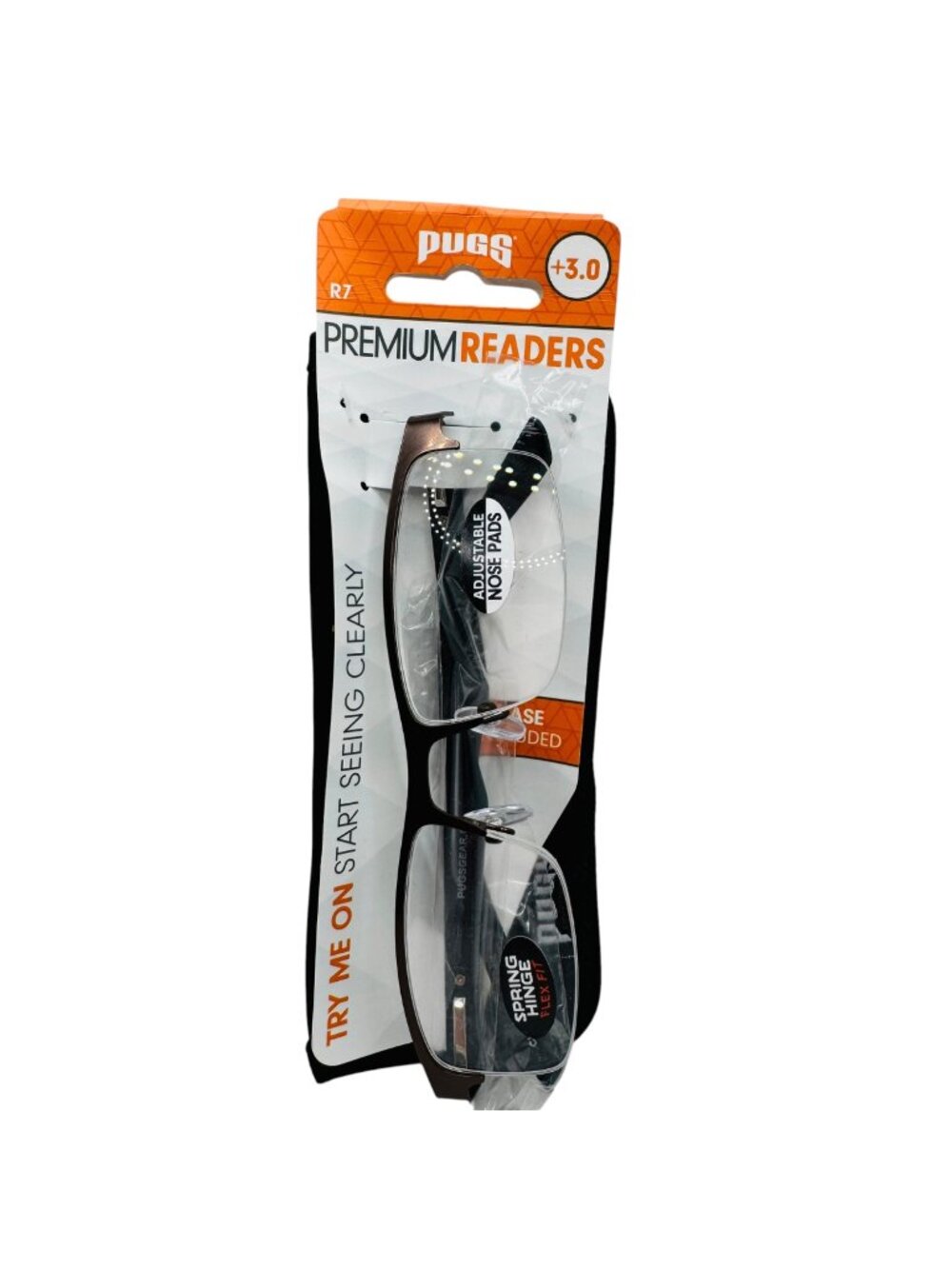 Pugs Premium Readers +3.0 With Spring Hinges & Adjustable Nose Pads Includes Cas